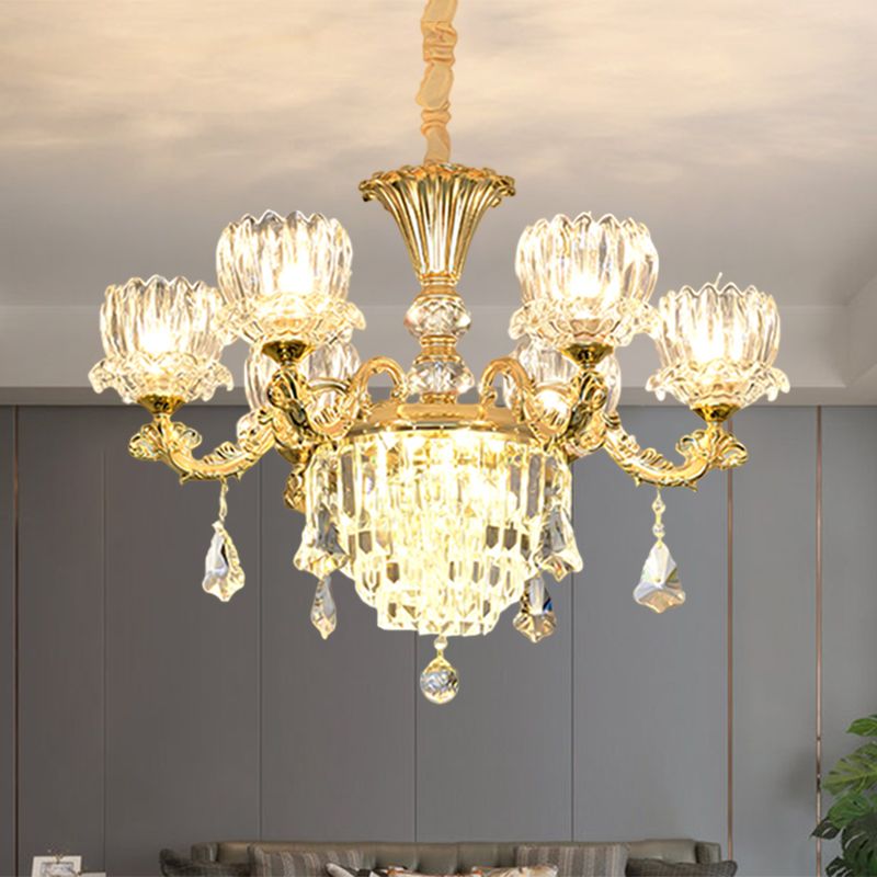 Gold Finish 6-Light Hanging Light Contemporary Clear Crystal Glass Flower LED Chandelier Pendant Lamp