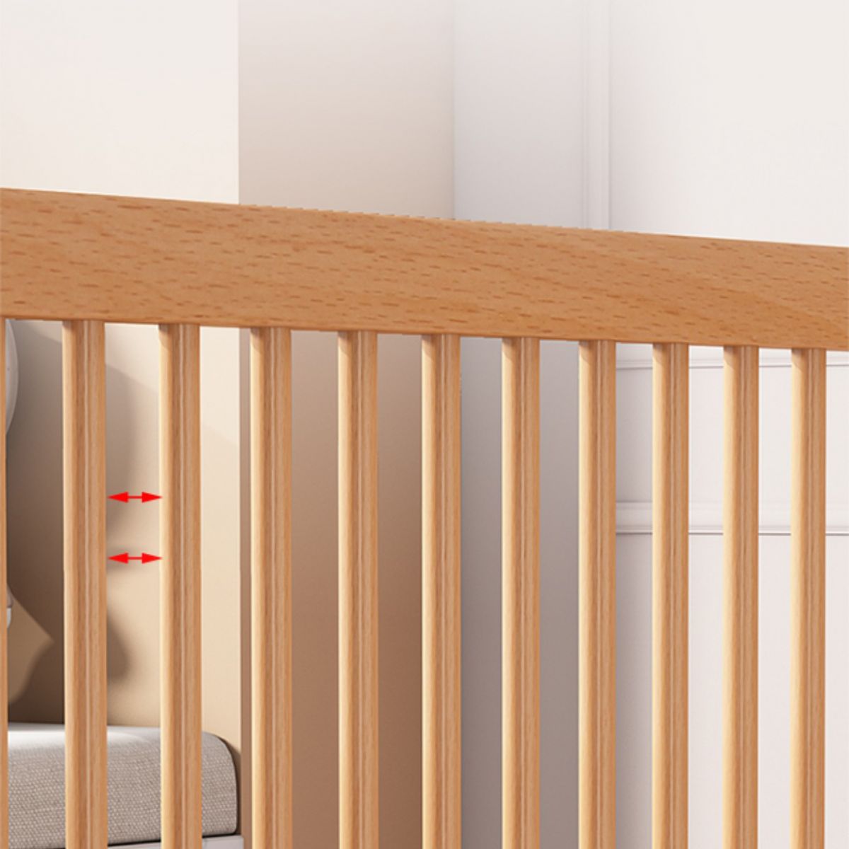 Contemporary Washed Natural Nursery Bed Solid Wood with 3 Guardrail