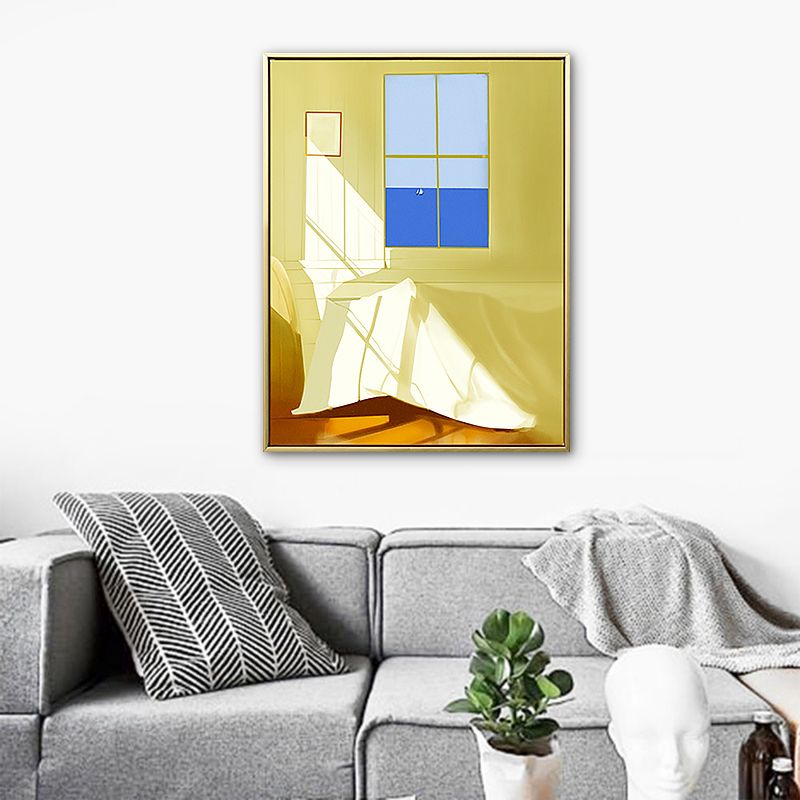 Room with Window Drawing Art Print Textured Nordic Style House Interior Canvas in Yellow