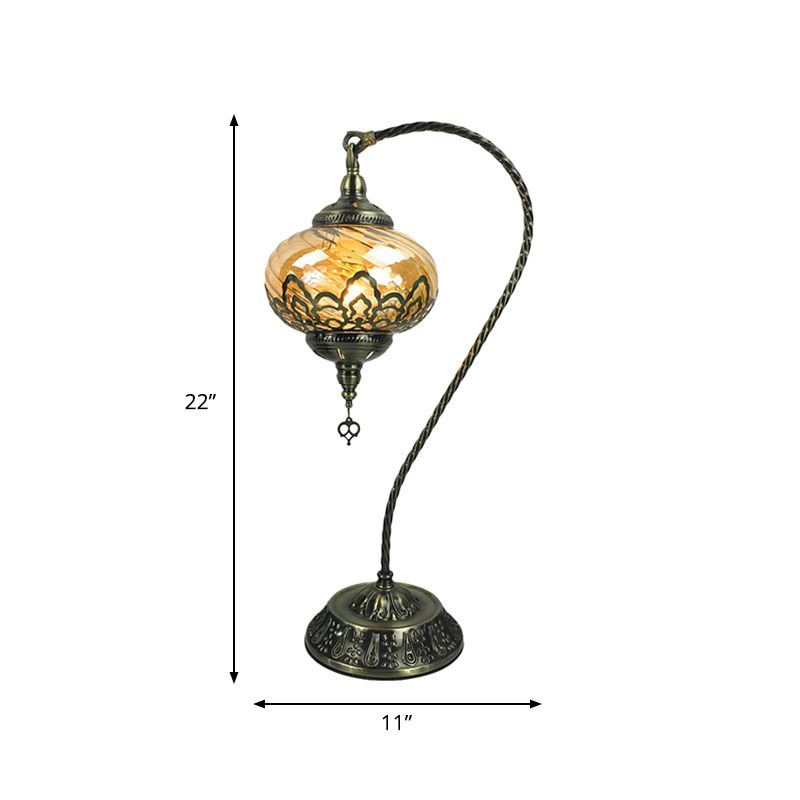 Brass/Gloss Black 1 Head Table Lamp Bohemia Amber Glass Oval/Urn Nightstand Lighting with Curved Arm