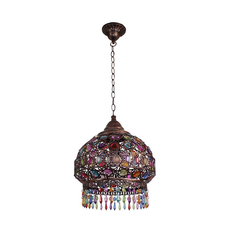 Bohemian Dome/Cylinder Pendulum Light Single-Bulb Stained Glass Ceiling Suspension Lamp in Copper with Fringe