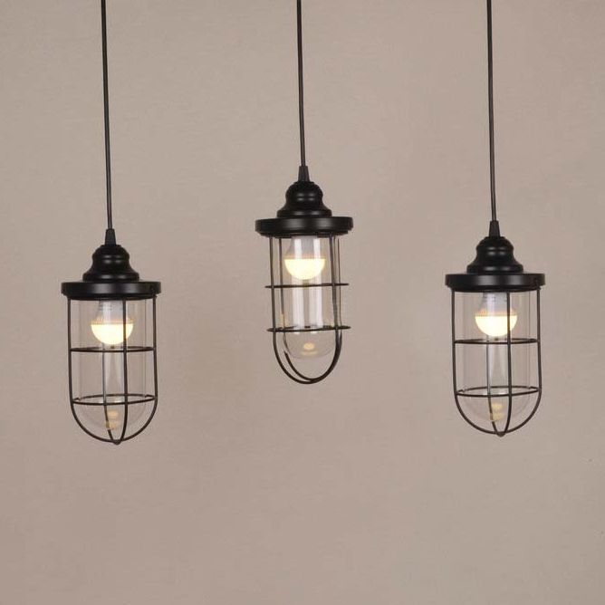 2/3 lampadine in gabbia Multiple lampada a sospensione industriale Black Clear Glass Kit appeso, baldacchino lineare/rotondo