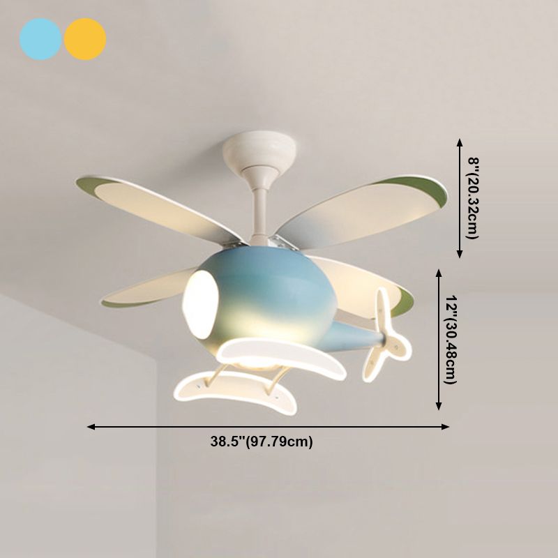 Cartoon Style Ceiling Fan Lamp Metal Semi Flush Mount Light Fixture with Wood Fan Blade