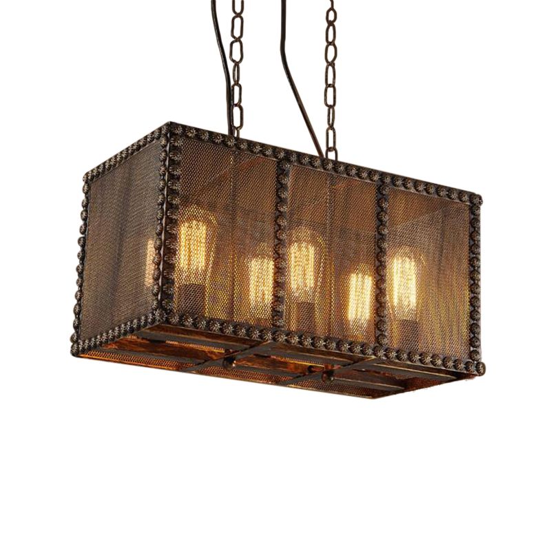 Rectangle Cage Metal Chandelier Lighting with Mesh Screen and Rivets Antique Style 6-Light Indoor Ceiling Light Fixture in Rust