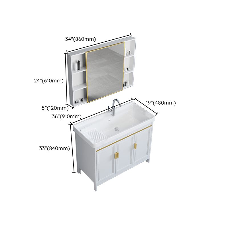 Freestanding Vanity Single Sink Metal Frame Rectangular White Mirror Vanity with Doors