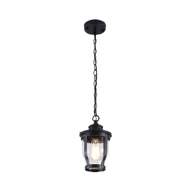 1 Bulb Lantern Shape Pendant Light Kit Rustic Textured Black Finish Clear Glass Ceiling Lamp for Balcony