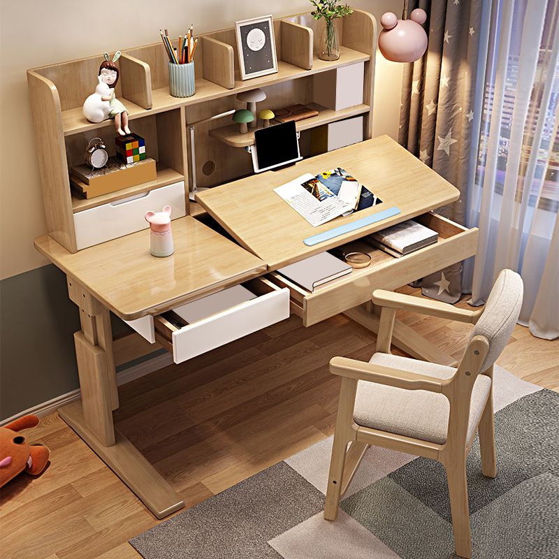 Adjustable Wooden Kids Desk with Hutch Natural Writing Desk and Chair Set with Drawer