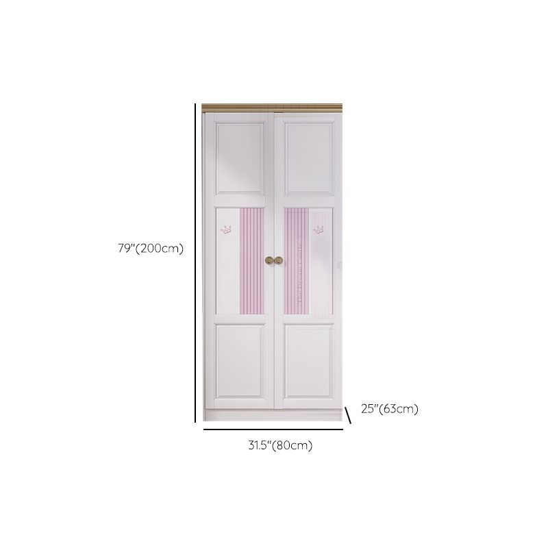 White and Pink Wardrobe Closet with Door Solid Wood Bedroom Armoire