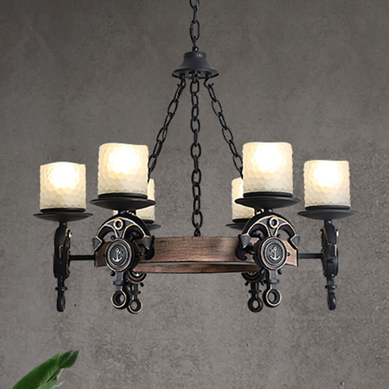 Frosted Textured Glass Wagon Wheel Hanging Chandelier Coastal 6-Light Corridor Pendant Light