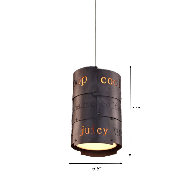 1 Light Metal Hanging Light Kit Industrial Black Cylinder Restaurant Lettering Suspended Pendant Lamp