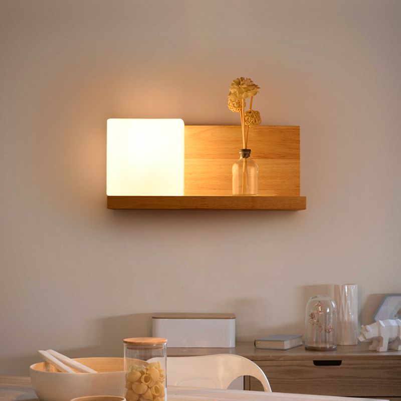 White Glass Square Sconce Light Chinese 1 Bulb Wood Wall Mounted Lamp for Dining Room