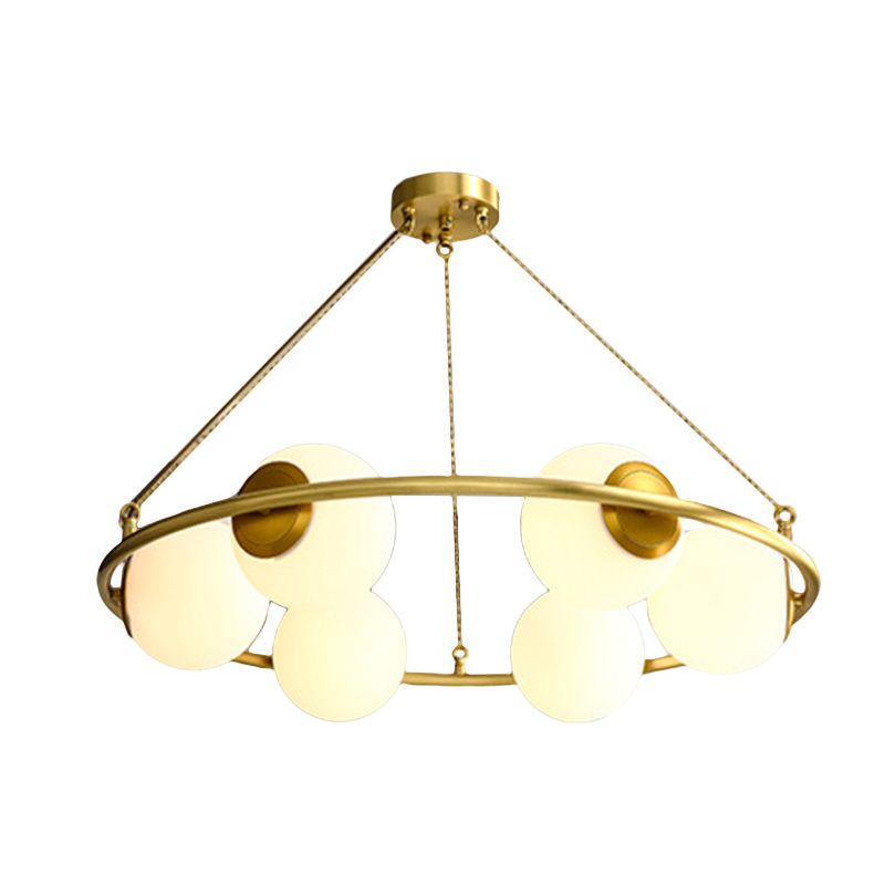 Circular Chandelier Light Postmodern Metal 6/8 Lights Brass Hanging Lamp Kit with Globe Frosted Glass Shade