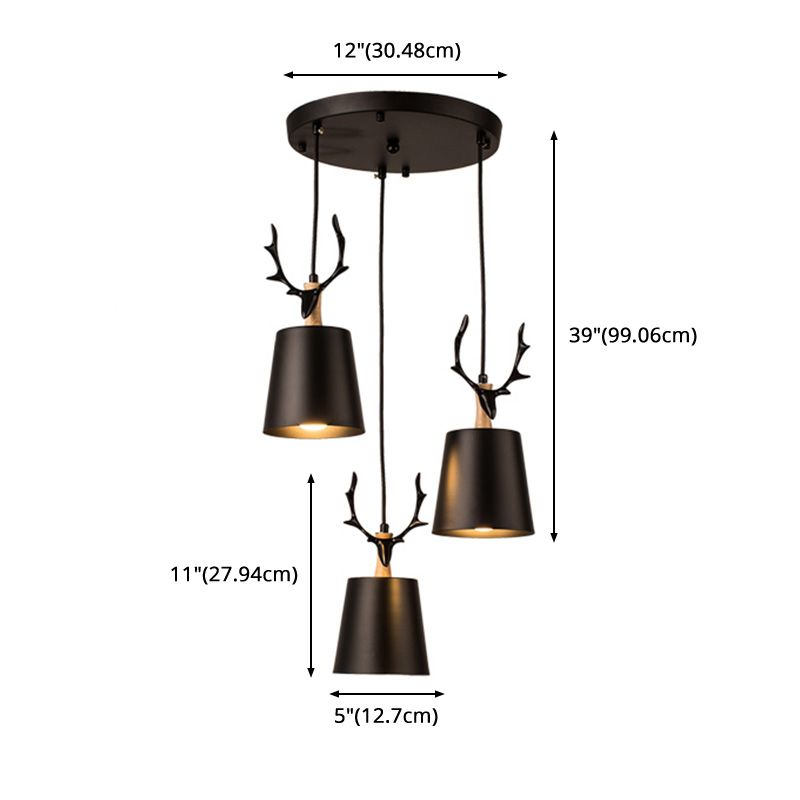 Nordic Style 3-Bulb Hanging Light Deer Decoration Conical Pendant with Metal Shade