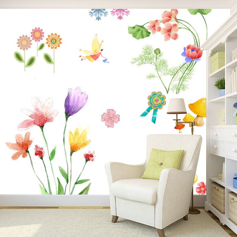 Cartoon Fairy and Flowers Mural Non-Woven Stain Proof Colorful Wall Covering for Child Room