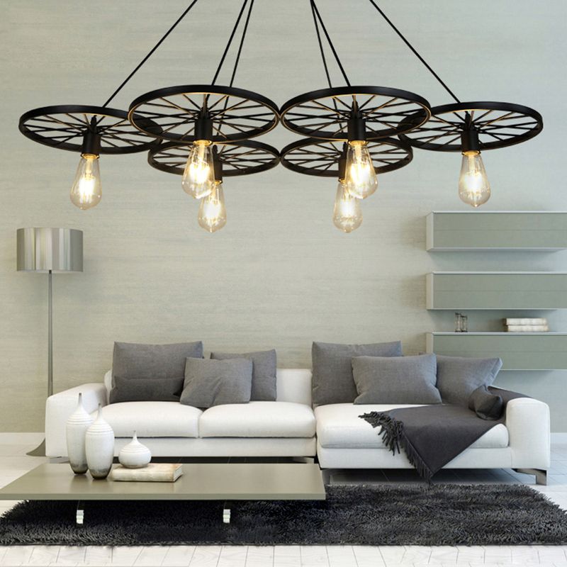 Black Wheel Chandelier Lighting Industrial Metal Living Room Hanging Light Fixture