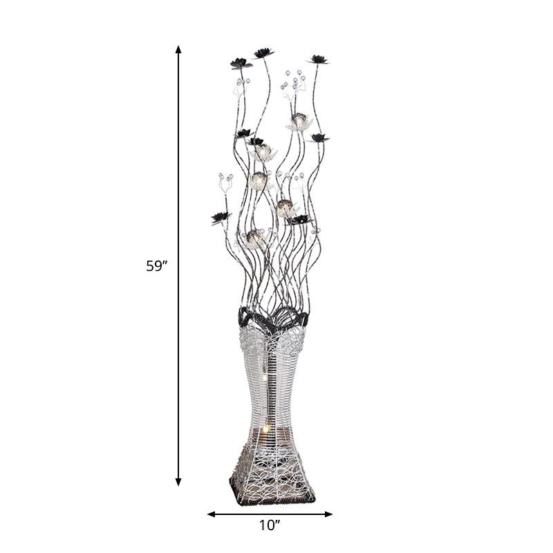 Art Decor Torch-Like Floor Light LED Aluminum Stand Up Lamp Curvy Arm with Floret Decor in Black and Silver