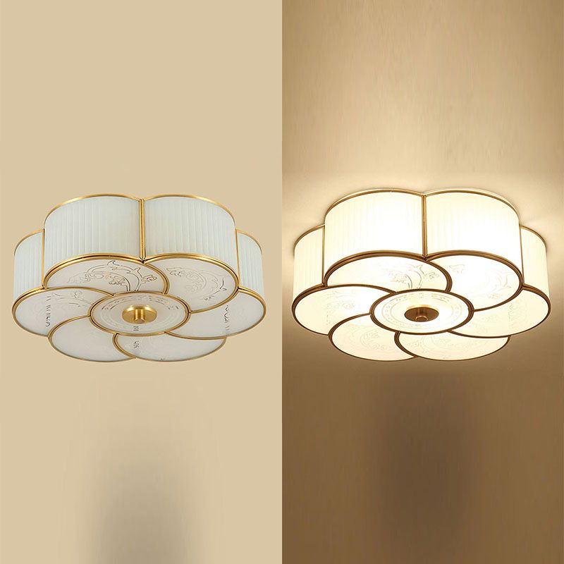 White Glass Flush Mount in Colonial Retro Style Copper Ceiling Light for Bedroom