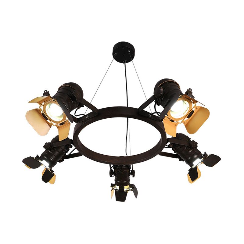 5 Lights Pendant Chandelier Art Deco Camera Metallic Hanging Ceiling Lamp in Black with Ring Design