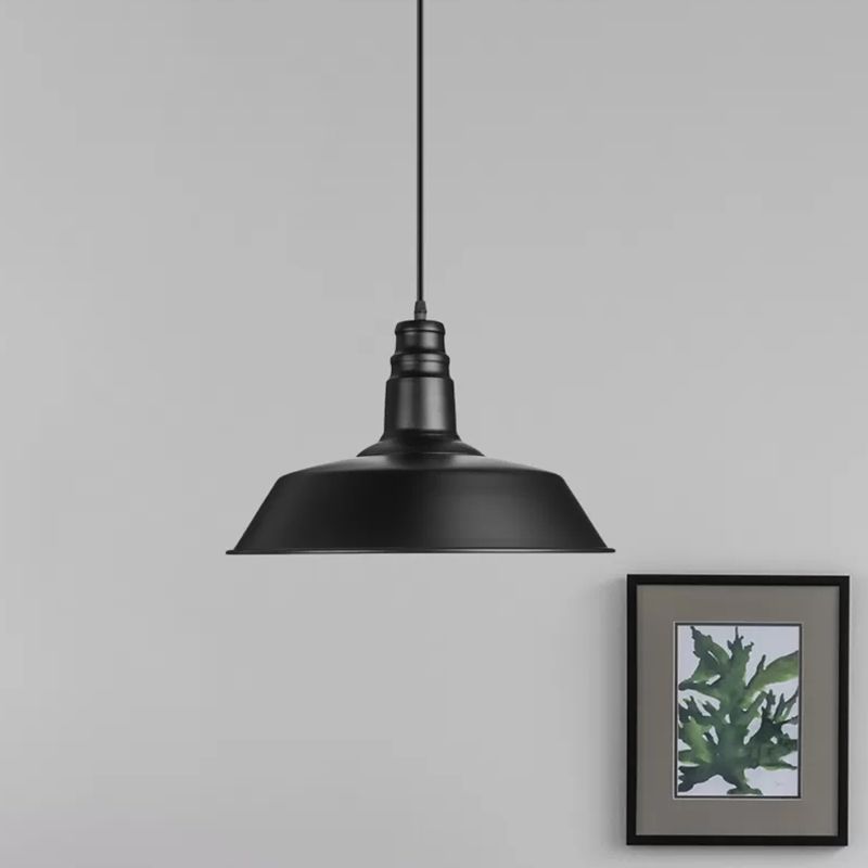 Industrial Barn Shaped Pendant Light One Light Metal Suspension Light in Black for Study Room