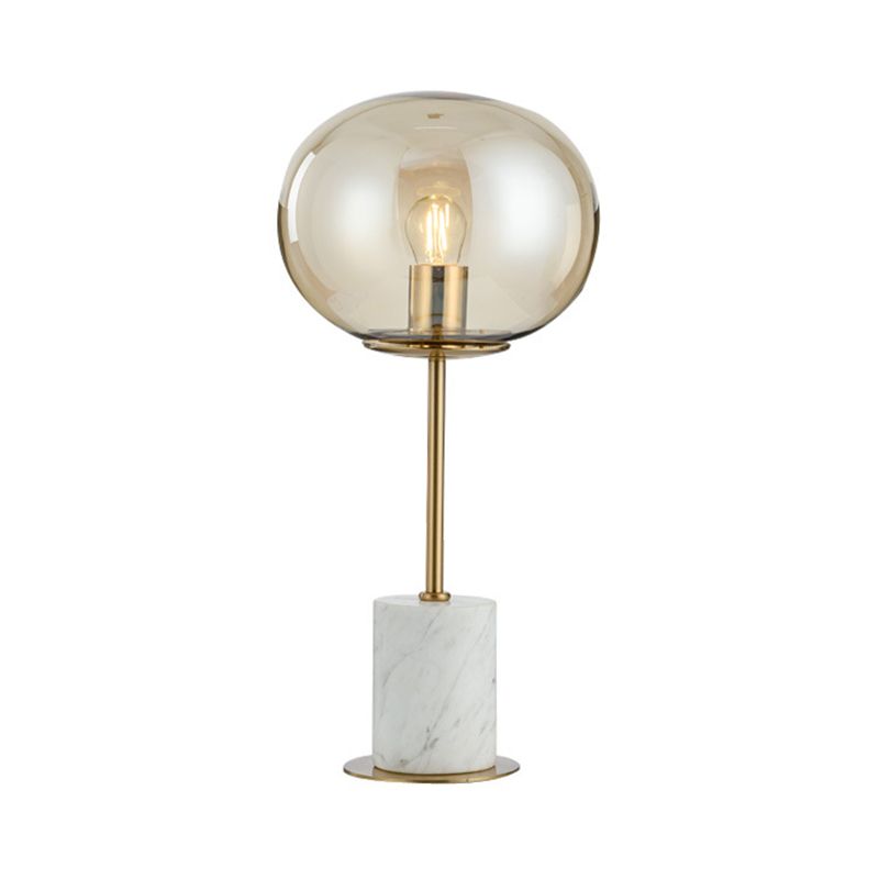 Oblate Bedside Nightstand Lamp Amber Glass 1 Bulb Minimalistic Table Light with Cylindrical Marble Base