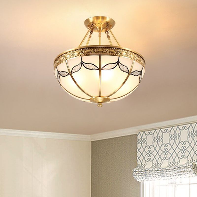 14"/16" W Dome Ceiling Light 3/4 Bulb Opal Glass Leaf Motif Semi Recessed Brass Lighting