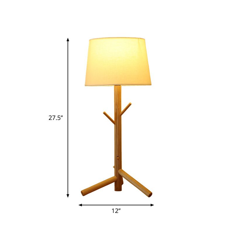 Nordic Tapered Drum Nightstand Light Fabric Single Bedroom Table Light with Tree Branch Rack in Wood