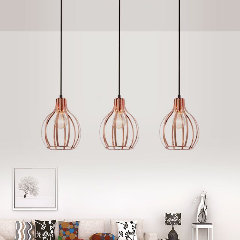 Metallic Rose Gold Pendant Lighting Global Cage Shade 3 Lights Industrial Style Ceiling Light Fixture with Round/Linear Canopy