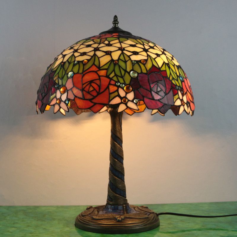 1 Light Flower Nightstand Lamp Tiffany Style Brass Stained Glass Night Table Light for Bedroom