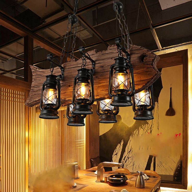 Black Kerosene Chandelier Light Coastal Clear Glass 6 Heads Restaurant Pendant Lighting with Wood Fish