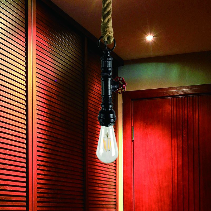 Pijp- en klep ijzer hanger licht vintage 1 lampstang hangende plafondlamp in zwart/zilver/koper met touwsnoer