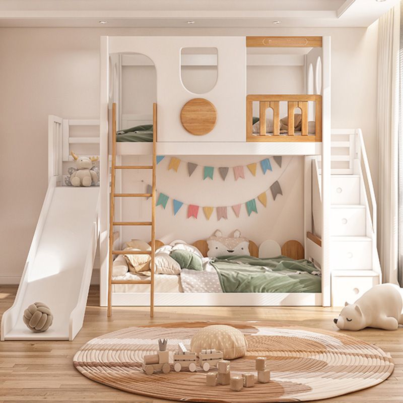 Contemporary White Bunk Bed in Solid Wood with Built-In Ladder