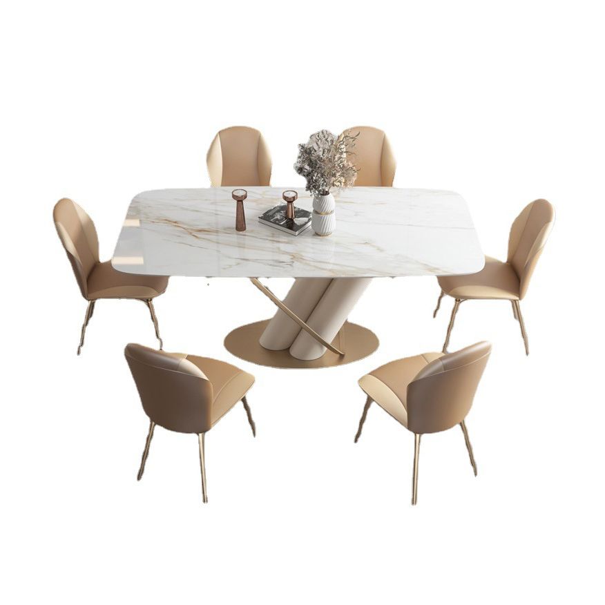 Juego de comedor de piedra sinterizada de estilo moderno con mesa de forma rectangular blanco y base de caballete