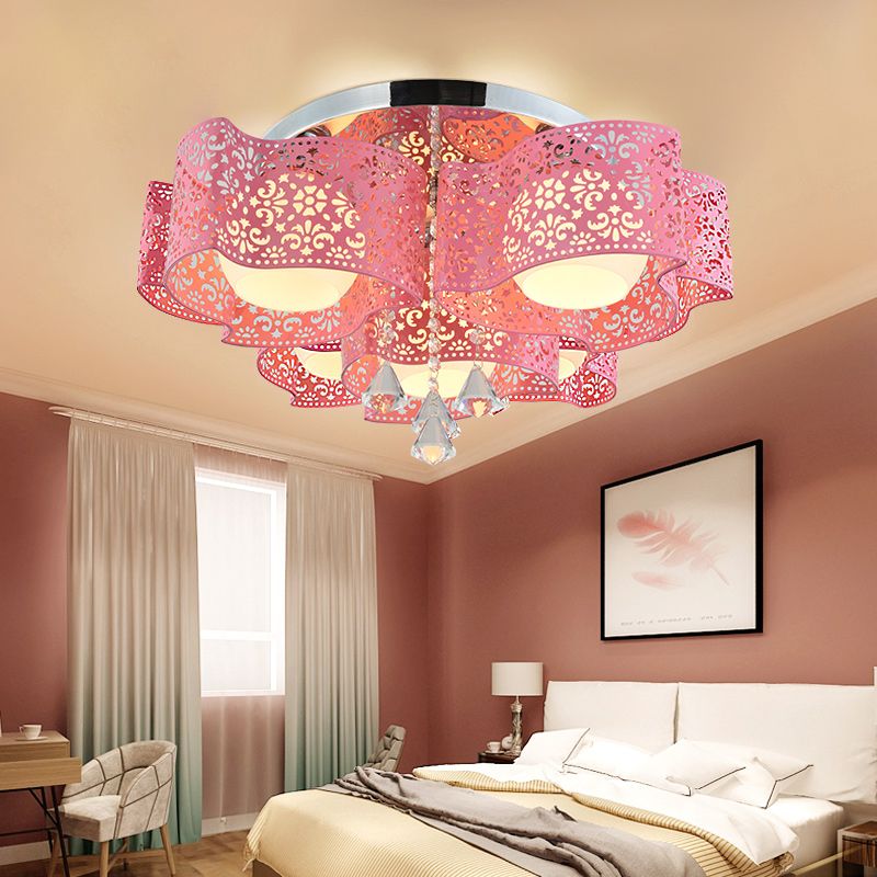 Modernist Etched Flower Ceiling Lamp Crystal 3/5 Lights Ceiling Lamp with Opal Glass Ball Shade in Pink/White