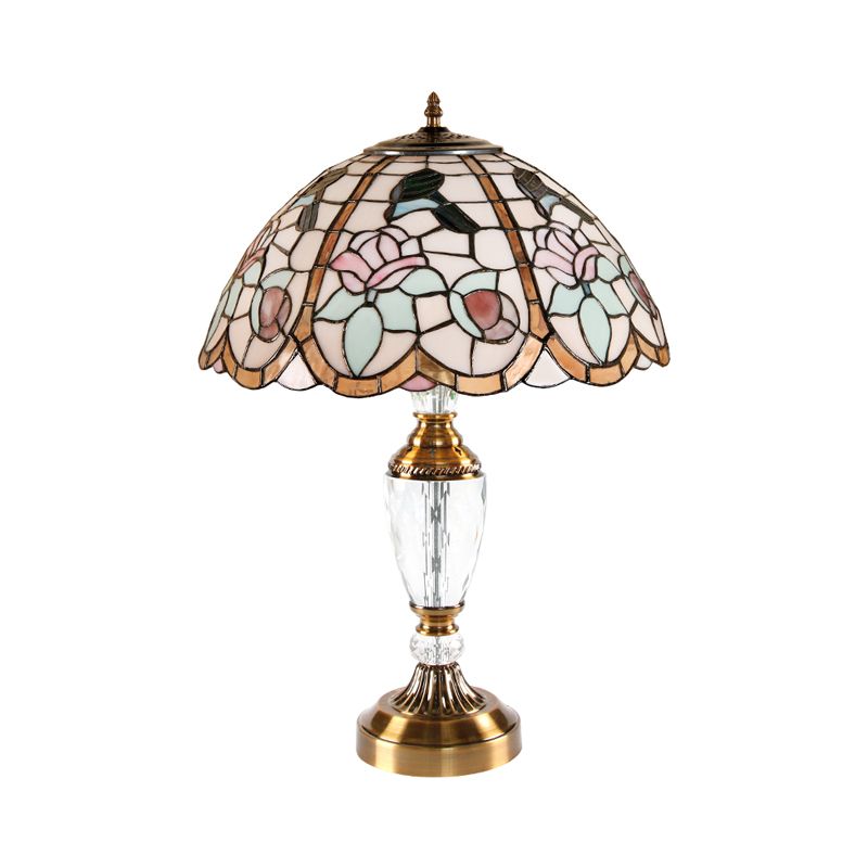 Domed Table Light 1 Head Stained Glass Tiffany Nightstand Lamp with Rose Pattern in White