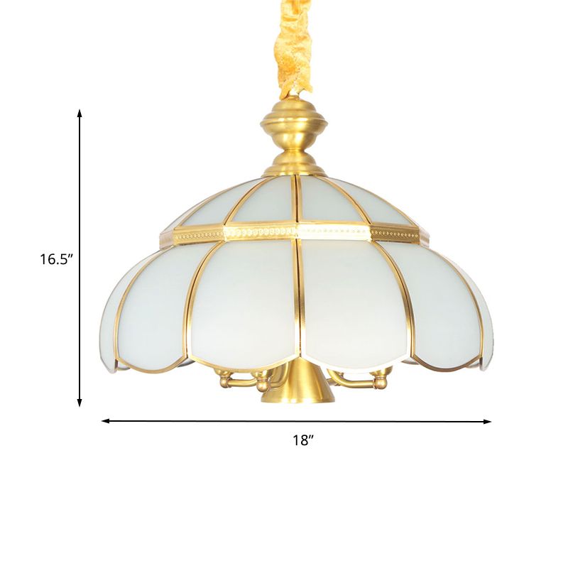 Traditional Hat Hanging Chandelier White Glass 5 Bulbs Suspension Light in Brass for Dining Room