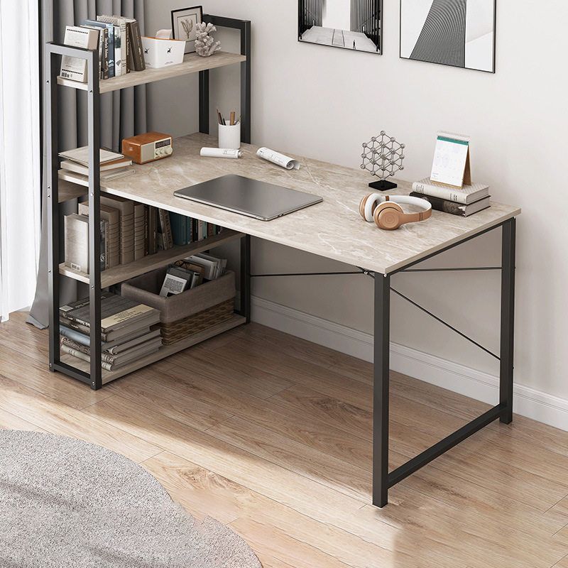 Contemporary Engineered Wood Office Desk H-Shape Base Writing Desk with Shelf for Home