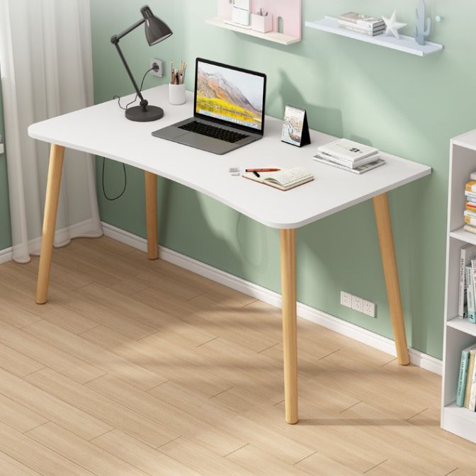 Modern White and Brown Office Desk Parsons Wooden Curved Writing Desk for Bedroom