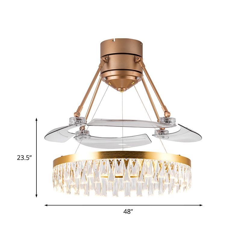 Crystal Prism Gold LED Fan Light Circular 3-Blade Postmodern Style Semi Flush Mount Ceiling Light, 48" Wide