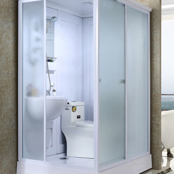 Frosted Glass Single Sliding Shower Enclosure Framed Shower Kit in White