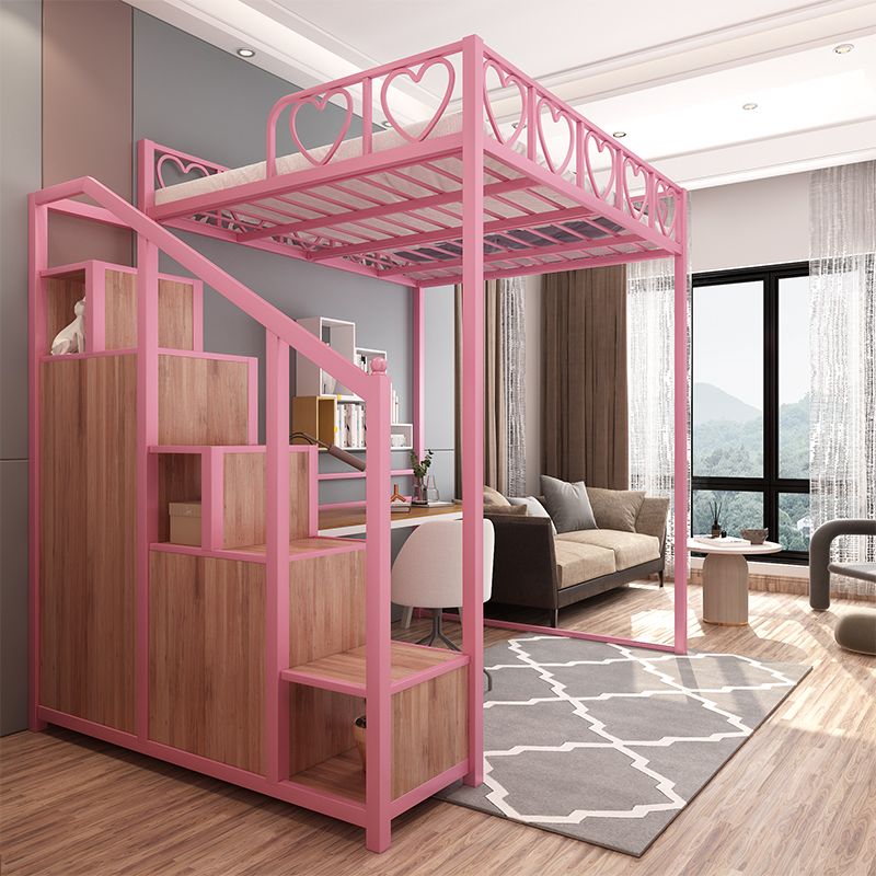 Metal Loft Bed Natural Storage Kids Bed with Guardrails and Shelves