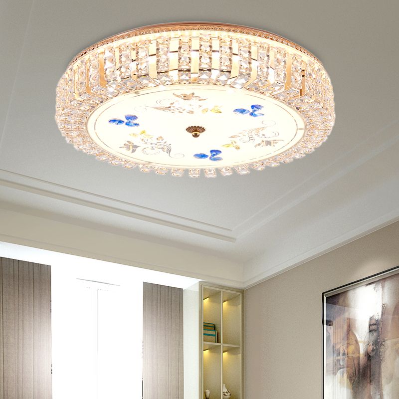 Golden Drum Flushmount Lighting Modern Crystal and Glass 16"/19.5" W Multi Light Ceiling Lamp with Flower Pattern