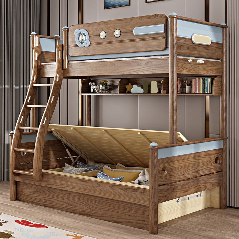 Brown Ash Standard Bunk Bed Solid Wood Scandinavian Bed with  Guardrail