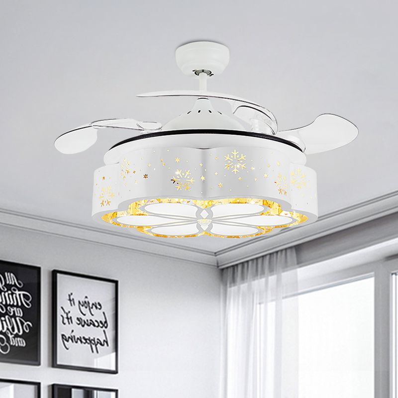 16" W White Floral/Drum Ceiling Fan Light Modern Crystal Bedroom LED Semi Flush Mount with 3 Retractable Blades