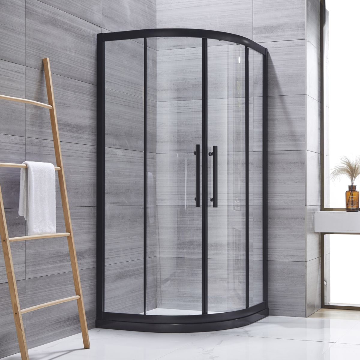 Neo-round Double Sliding Shower Enclosure Black Frame Shower Kit