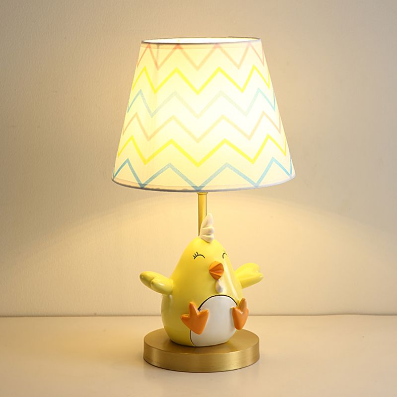 Cartoon Chicken Nightstand Lamp Resin Single-Bulb Bedside Table Light with Tapered Fabric Shade