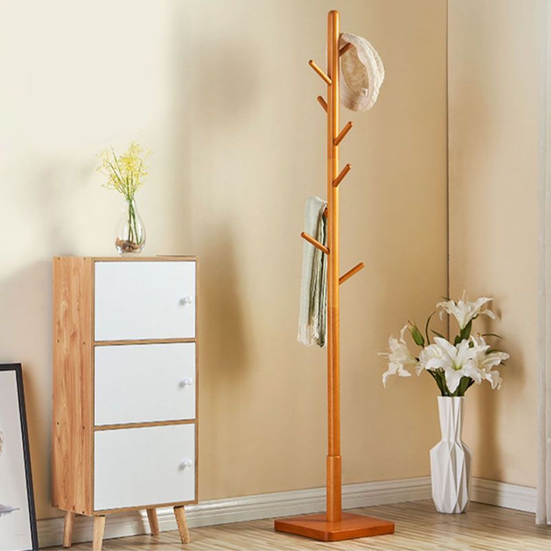 Modern Free Standing Hall Tree, 69" Rubberwood Solid Wood Hall Tree with Wood Hook