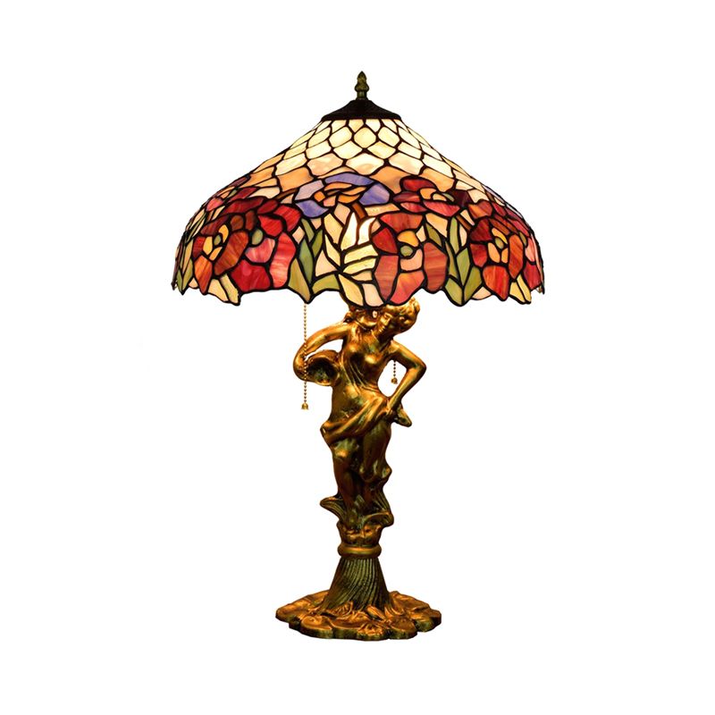 Roseborder Pointed Shade Table Lamp 3 Heads Stained Glass Victorian Night Light with Bronze Sculpture and Pull Chain