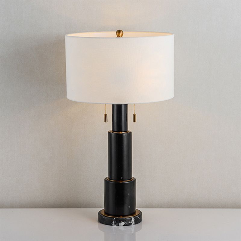 3-Tier Column Marble Night Lamp Minimalist 1 Bulb Black/White Pull-Chain Table Light with Drum Fabric Shade