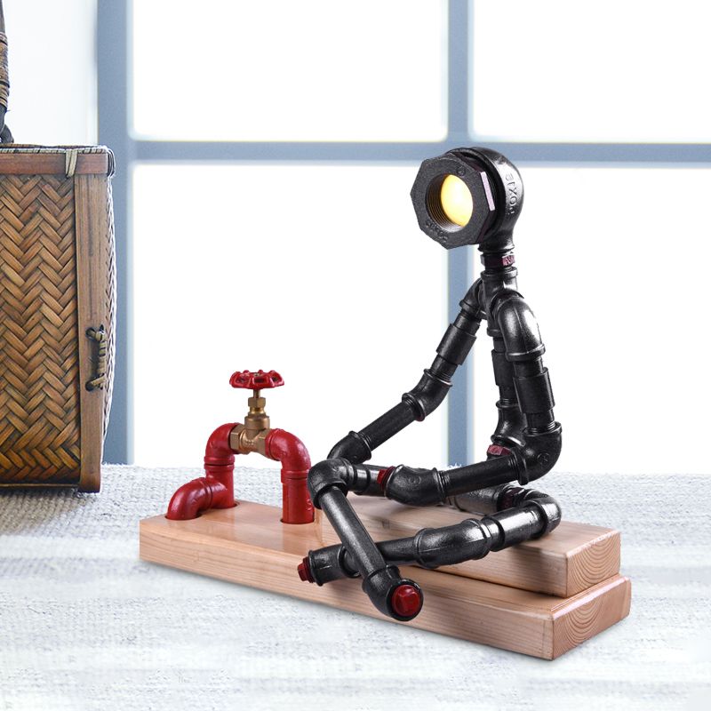 Iron Cross Legged Thinker Table Light Industrial LED Bedroom Night Lamp in Black with Valve Deco and Rectangle Wood Base