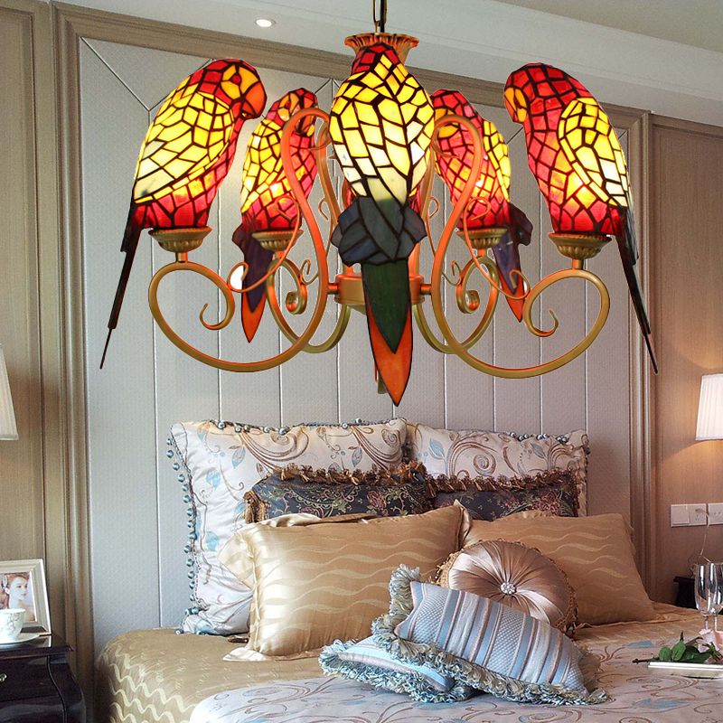 Chandeliers for Living Room, 5-Light Parrots Ceiling Light Fixture with Mosaic Shade Tiffany Style